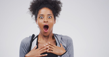 Shock, woman and portrait with surprise for news, alert or expression on a white studio background....