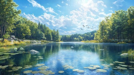 Serene lake nestled in a lush forest, vibrant colors, a clear sky, and birds in flight