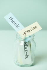 Thank you day, word thanks in different languages, being thankful, support, help and charity concept