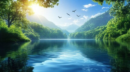 Serene mountain lake, vibrant foliage, sunlit sky. Birds fly over tranquil water