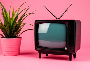 Retro style TV on black legs in a pink room with a flower in a pot.