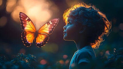 Silhouette of a child with butterfly wings in a magical whimsical twilight setting