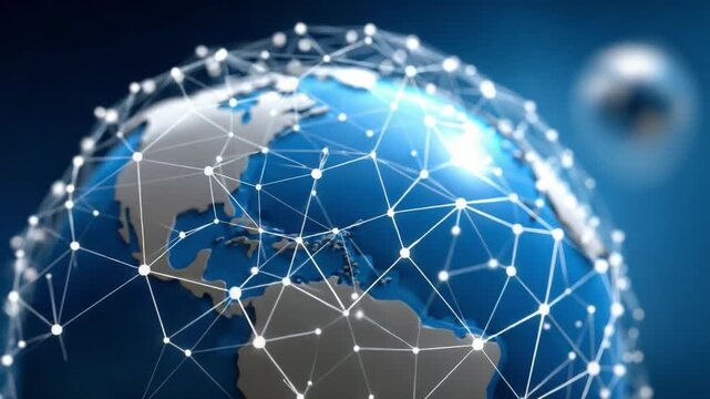 Global Network Connection: A stylized globe is enveloped in a complex network of interconnected nodes, symbolizing the global reach of modern communication and digital technology.