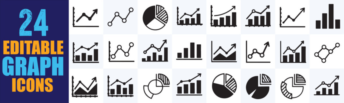 Set of editable vector graph and chart icons depicting data analysis, business growth, financial reports, and statistical trends, perfect for presentations or infographics