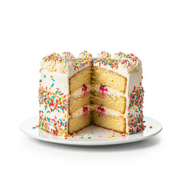 A slice of layered cake with a thick slice of whipe cream and rainbow springkle on top, a classic tart cake isolated on a white background