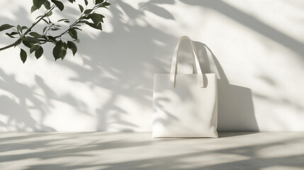 Cotton tote mockup with shadow play, white wall