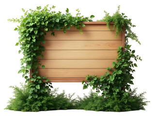 Large Light Brown Wooden Signboard Framed by Lush Green Vines and Foliage Isolated on a transparent background