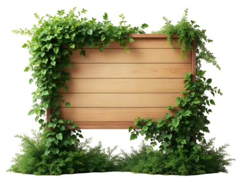 Large Light Brown Wooden Signboard Framed by Lush Green Vines and Foliage Isolated on a transparent background