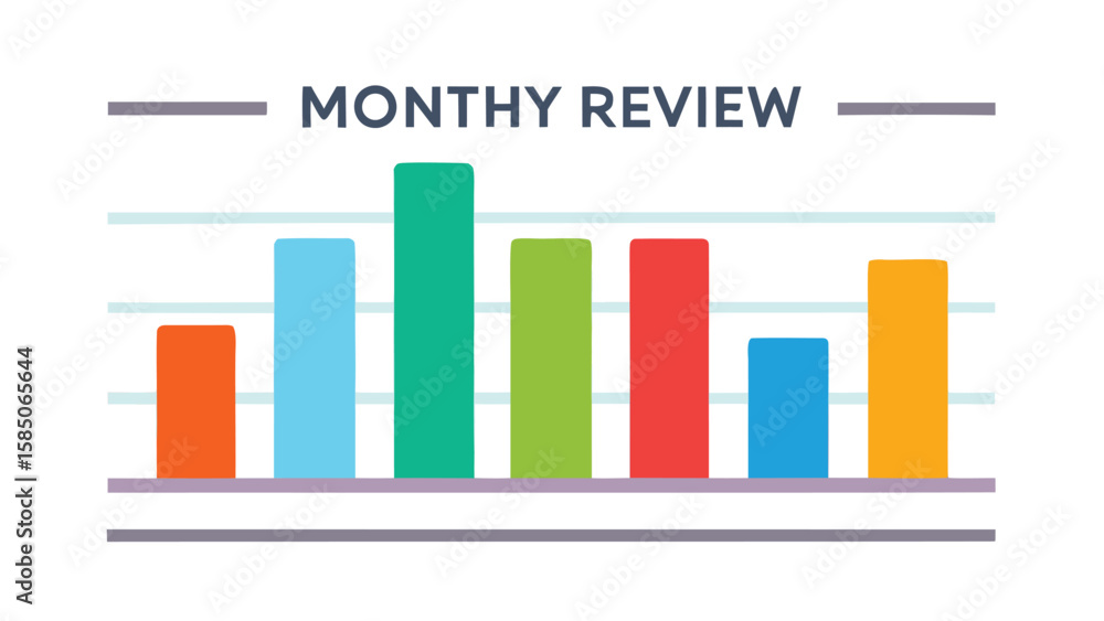 Poster colorful bar graph illustrating monthly review with horizontal grid lines and title at the top cente