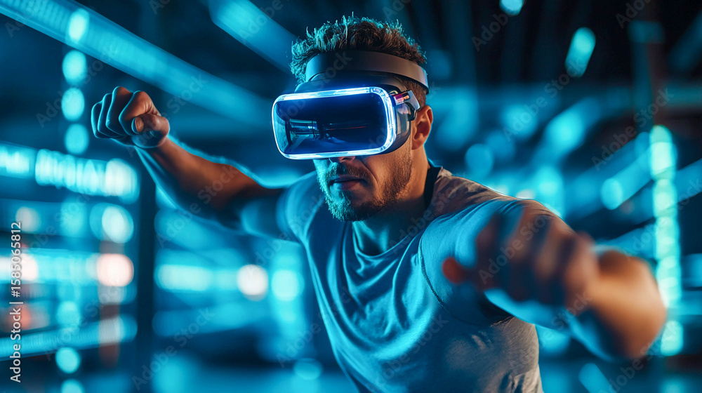 Poster a man is wearing a virtual reality (vr) headset. he appears focused and active, as if he is particip