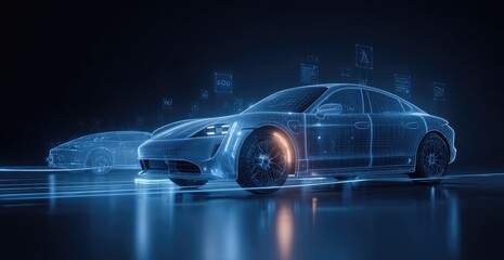 Digital car model, glowing wireframe