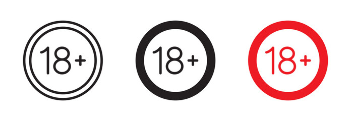 Age limit 18 plus icon set. Warning for minors symbol. Adults only, forbidden sign. Vector illustration. Editable stroke. Flat design.