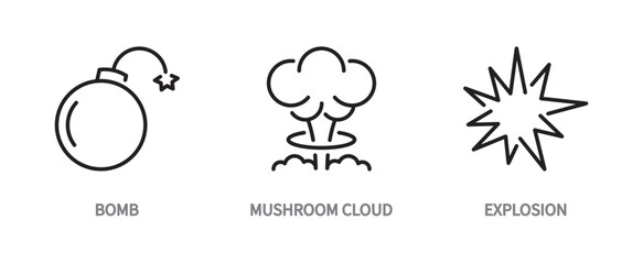 Explosions icon set. Bomb, mushroom cloud, explosion sign. Atomic bomb, nuclear explosion symbol. Vector illustration. Editable stroke. Flat design.