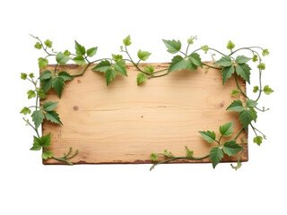 Rustic Light Brown Wooden Sign Board Framed by Lush Green Vine Leaves Isolated on a transparent background