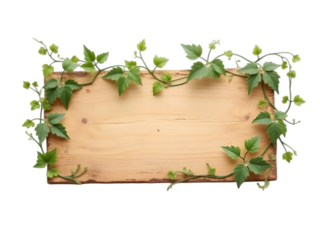 Rustic Light Brown Wooden Sign Board Framed by Lush Green Vine Leaves Isolated on a transparent background