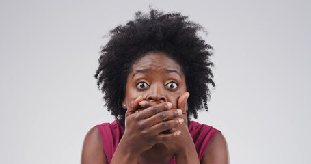 Surprise, fear and portrait of black woman in studio with bad news, announcement or omg. Face...