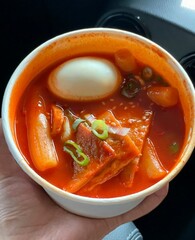 Spicy Korean tteokbokki with chewy rice cakes in a vibrant red sauce, topped with sesame seeds and green onions. A popular street food known for its addictive flavor and satisfying texture.