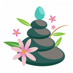 Stacked spa stones with pink flowers and green leaves balance relaxation