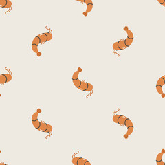 Seamless pattern with shrimp. Sea character. For design, fabric, wrapping, cards, textile, wallpaper, apparel. Isolated vector cartoon illustration in flat style.