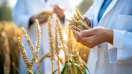 Scientists in white lab coats examining genetically modified grains designed to prevent malnutrition