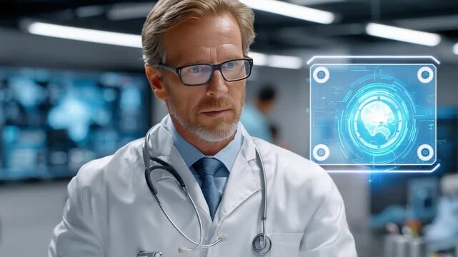 Dedicated Doctor Analyzing Brain Scan: An astute doctor, donning a lab coat and glasses, deeply engrossed in analyzing a complex brain scan, illuminates dedication to healthcare.