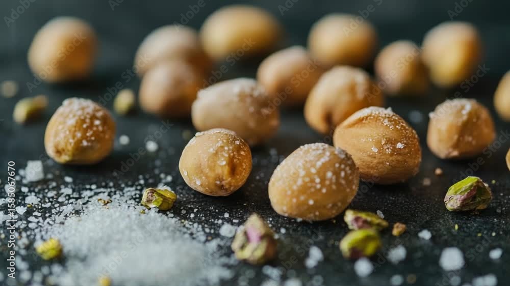 Poster a rustic table setting with a pile of nuts and salt for snacking or cooking