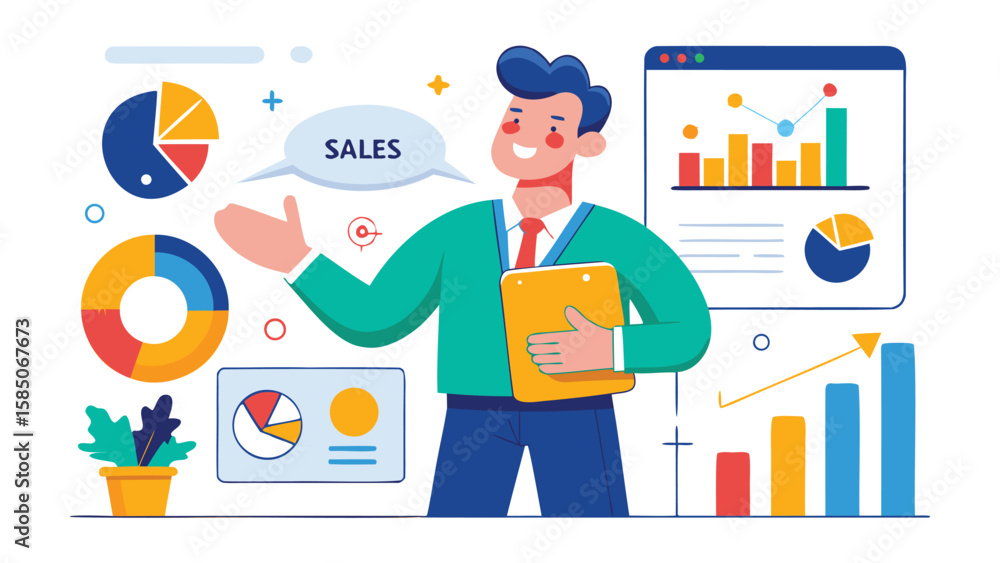 Poster illustration of a businessman presenting sales data with charts and graphs on a digital interface sc