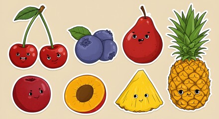 Cute Cartoon Fruit Characters Including Cherry, Blueberry, Pear, Plum, Pineapple and Apricot