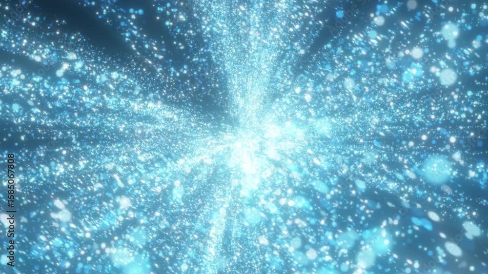 Poster 4k blue light particle explosion abstract burst animation background. glowing energy rays and bokeh 