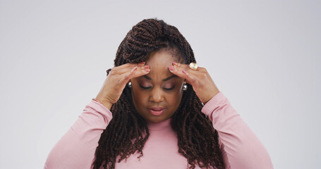 Headache, pain and black woman in studio, burnout and frustrated on white background. African...