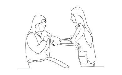 Continuous line of doctor checks a patient’s blood pressure using a stethoscope and sphygmomanometer. Sketch drawing editable stroke vector illustration