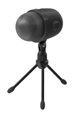 Black desktop microphone on mini tripod stand. Professional audio equipment for recording and streaming.