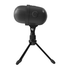 A sleek, modern microphone resting on a tripod, ready to capture sound. The microphone is designed...