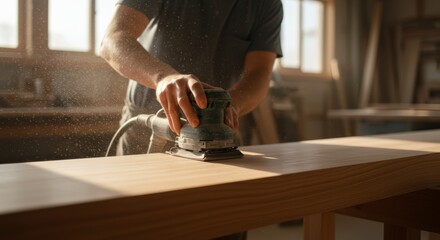 Craftsman Sanding Wood with Power Sander in Workshop