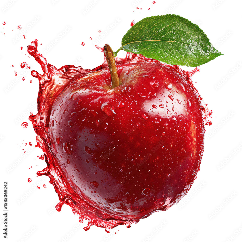Poster red apple splashing with juice on transparent background