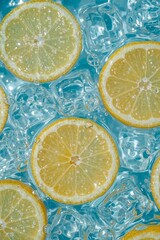 "Refreshing Lemon Slices and Ice in Sparkling Blue Water"