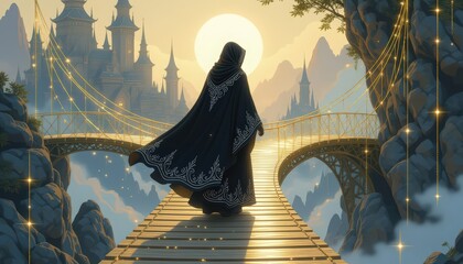 A solitary figure walks on a stone path suspended in the sky, surrounded by endless clouds. Each step fades into mist, representing faith, risk, and limitless dreams.