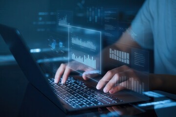 Data Visualization Analyst Working on Laptop with Financial Charts