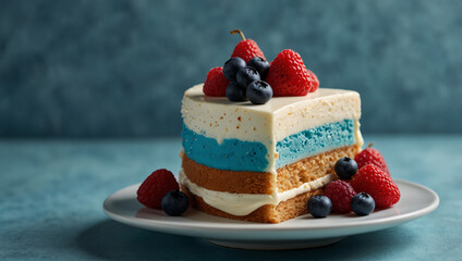 Bright blue cake placed on a cake stand, blue background.