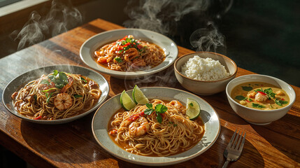 Top view of various food arrangements in bowls, a set of traditional Thai food.