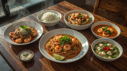 Top view of various food arrangements in bowls, a set of traditional Thai food.