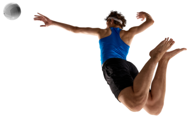 Volleyball player leaps with fierce determination to spike ball in blue shirt isolated on transparent background. Concept of sports intensity, athletic motion, strength, and professional focus.