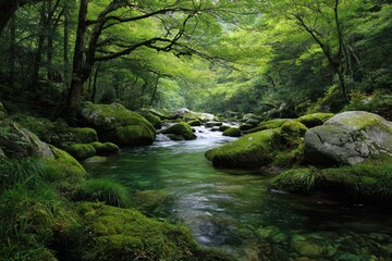 Serene forest stream, moss-covered rocks, lush green foliage, tranquil water flowing gently between boulders
