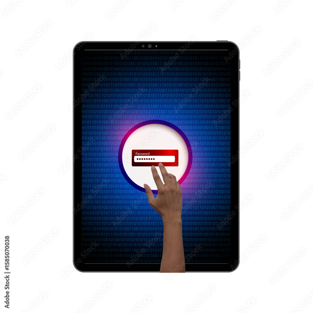 Poster a hand touching a tablet screen, entering a password to access the device.