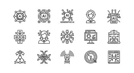 AI Vector Icon Set | Data analysis, neural network, computing, ai, generative, human