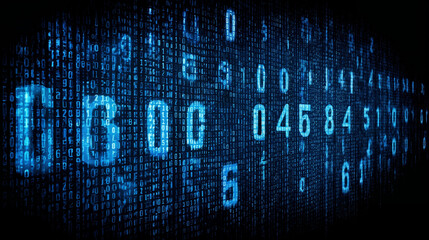 Digital binary code abstract background glowing in blue. High-tech data visualization. Modern technology concept. Numbers illuminated on a dark backdrop. 