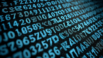 High-resolution abstract image of multicolored alphanumeric digital data matrix displayed on a textured surface. Perfect for technology, cybersecurity, and data analysis projects. 