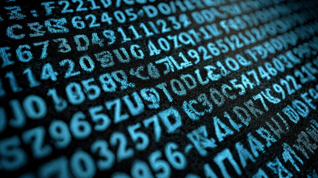 High-resolution abstract image of multicolored alphanumeric digital data matrix displayed on a textured surface. Perfect for technology, cybersecurity, and data analysis projects.  - Powered by Adobe