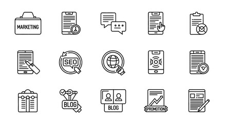 Marketing Vector Icon Set | Briefcase, document, chat, phone, seo, blog, promotion, team, globe, clipboard, web, mobile, strategy, analytics icons