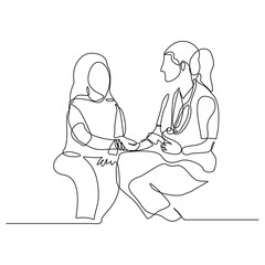 Continuous line of doctor checks a patient’s blood pressure using a stethoscope and sphygmomanometer. Sketch drawing editable stroke vector illustration